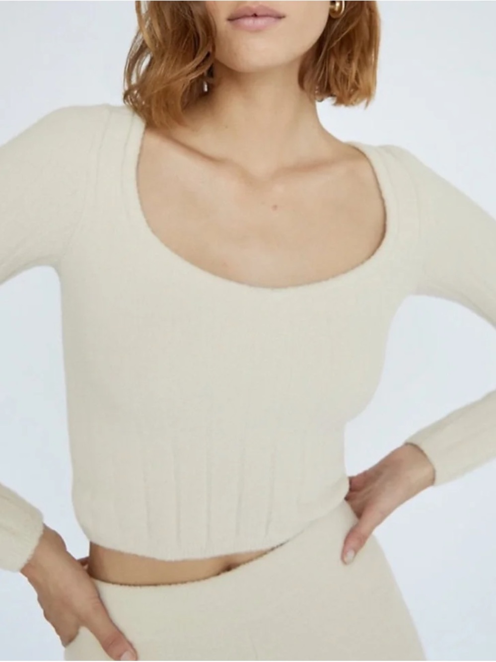 Aritzia Cream Scoop Neck Cropped Ribbed Sweater